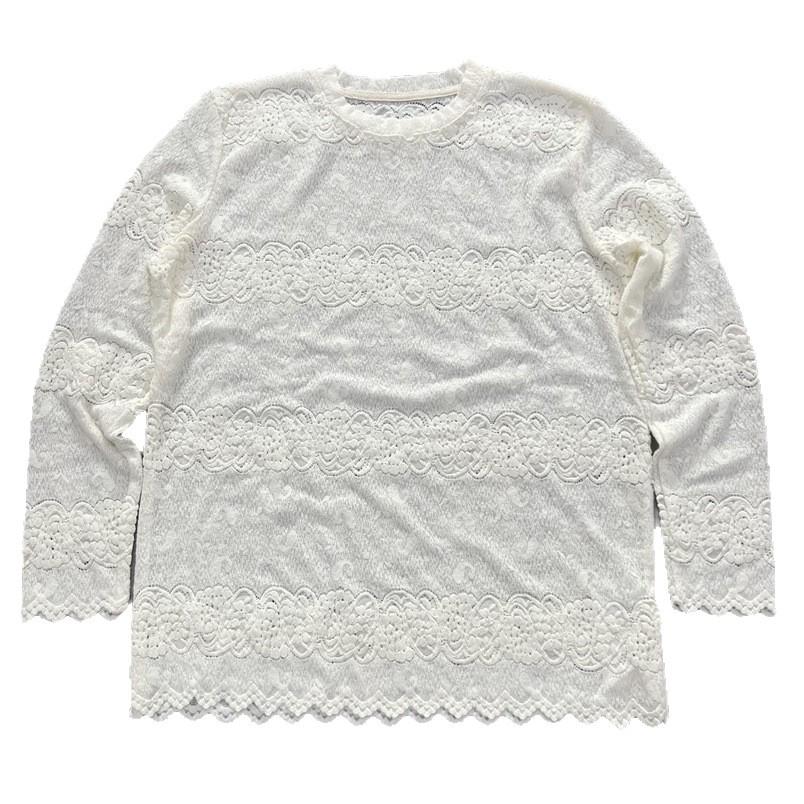Off-white Lace Long Sleeve Women's Round Neck Crochet Loose Top