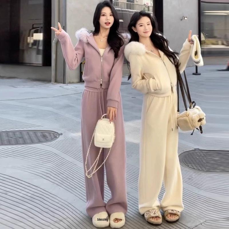 Korean Chic High-End Velvet Hoodie & Sportswear Two-Piece Set for Women - Autumn/Winter Large
