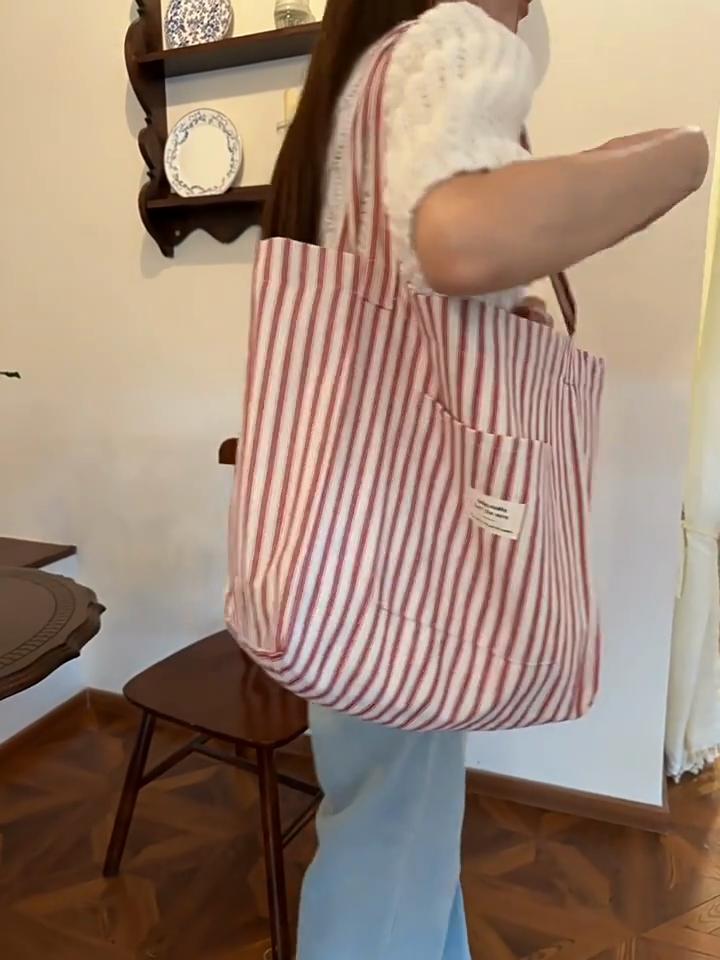 Women's Tote Bag Striped Canvas Casual Handbags For Women Simple Shopping Large Capacity Woman Shopper School Shoulder Bag AVE