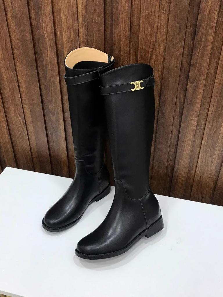 Korean Version of Cowhide Oblique Arc De Triomphe Buckle with Thick Heel Tall Knight Boots Autumn and Winter