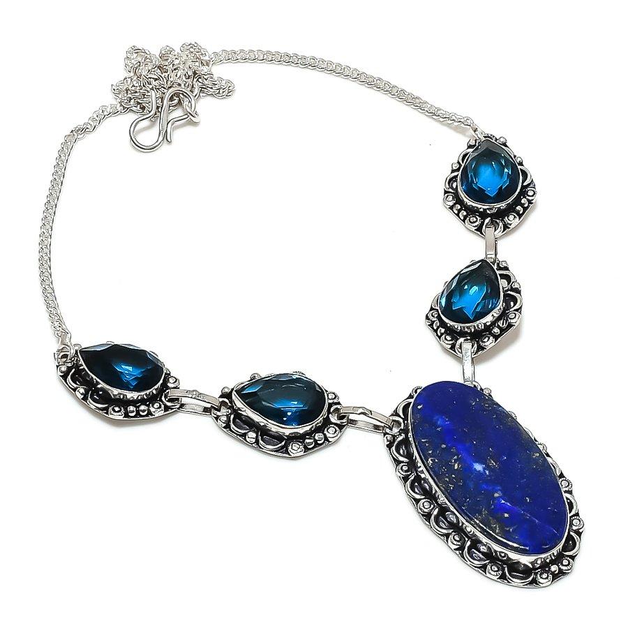 Natural Lapis Lazuli, Quartz 925 Sterling Silver Jewelry Necklace 18" R6w12