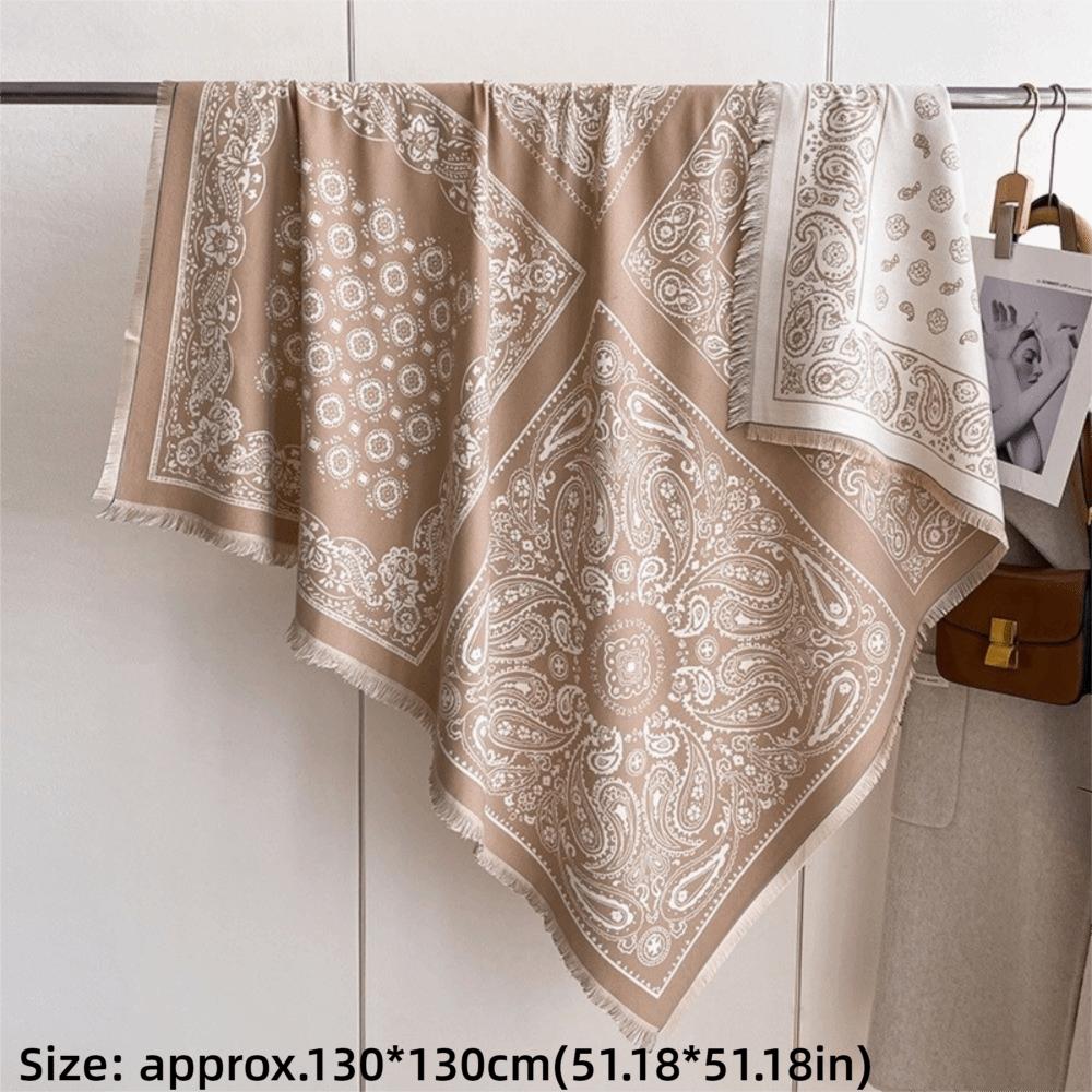 Retro Imitation Cashmere Winter Scarf Warmth Square Printed Shawl and Wrap Soft Double-sided Tassel Poncho