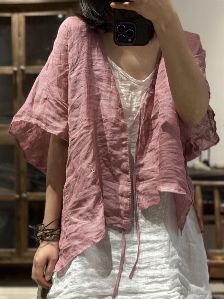 Johnature Dámské Vintage plátěné letní košile Jednobarevný pásek Topy v čínském stylu Halenky s krátkým rukávem a výstřihem do V Volná košile