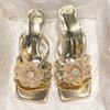 Fashion Rhinestone Flower Flip-flops for Women, New Style, Elegant Square Toe Open Toe, Thin Strap and Stiletto Sandals