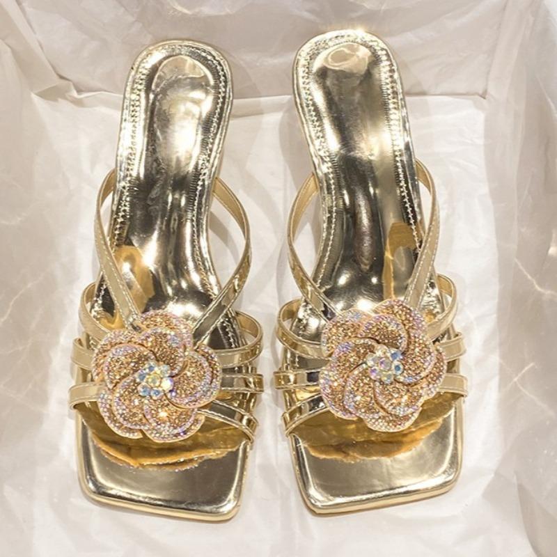 Rhinestone Flower Flip-flops for Women, New Style, Elegant Square Toe Open Toe, Thin Strap and Stiletto Sandals
