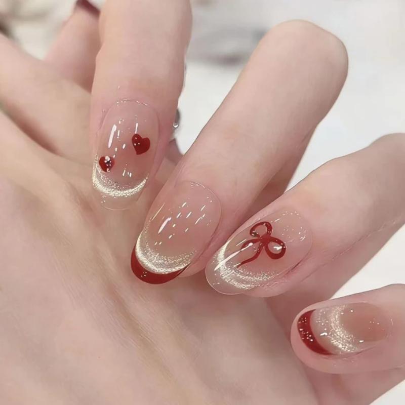 Glue-Free False Nails Short Square-Shaped 16Mm Nails Bows And Hearts Pattern Cat-Eye Decoration