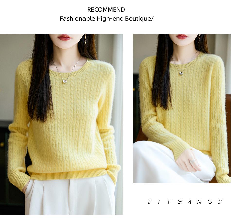 Women's 100% Wool Cable Knit Pullover: Loose, Long Sleeve, Round Neck, for Autumn/Winter