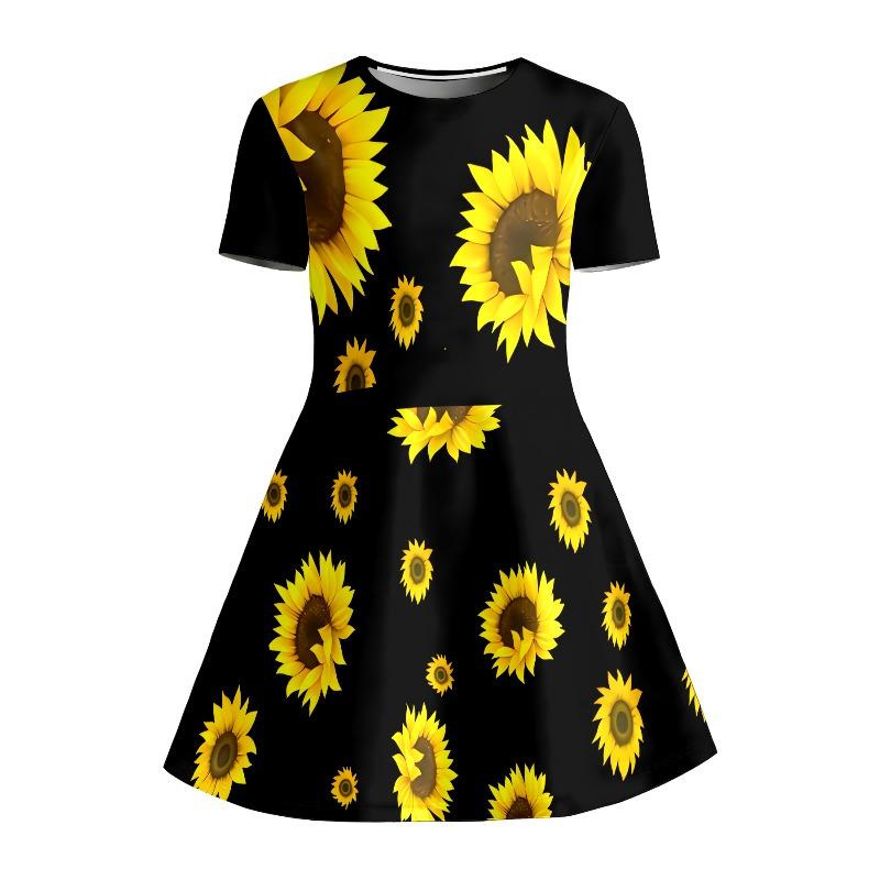 Little Girls 3 Styles Cartoon Floral Idol Print Short Sleeve A-Line Dress Kids Summer Daily Casual Flared Swing Dress