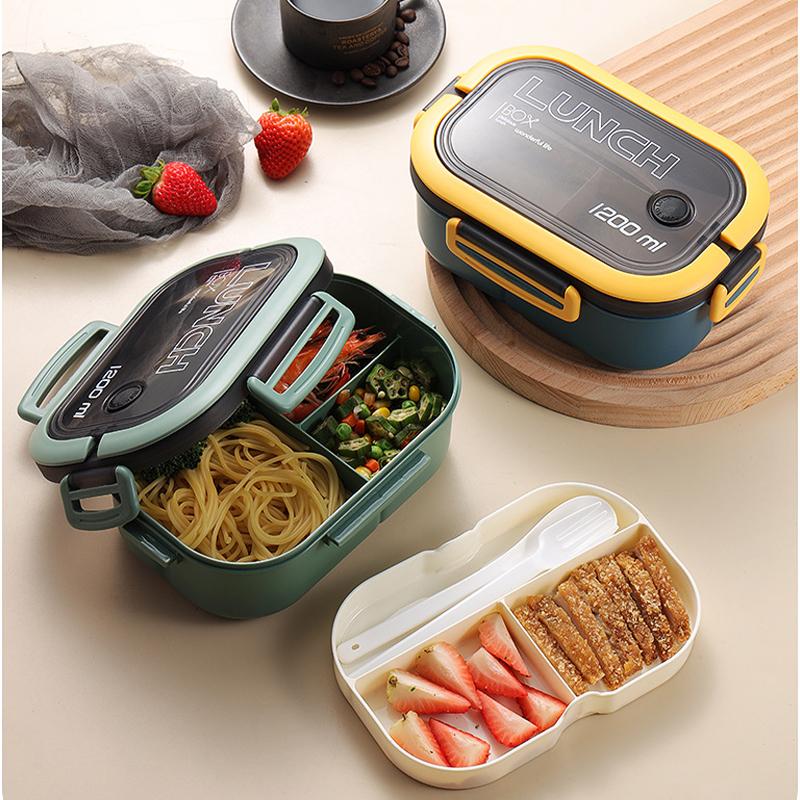 Double-layer Lunch Box Portable Compartment Fruit Food Bowl Microwave Lunch Box with Fork Spoon Picnic Food Storage Container