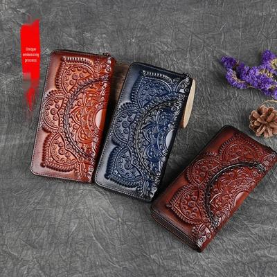 Clutch da donna in vera pelle goffrata con cerniera - Portafoglio stile etnico retrò