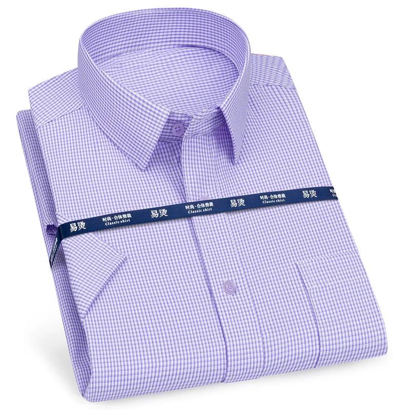 Men‘s Short Sleeve Shirt Business Classic Striped Plaid Checked Male Casual Social Dress Shirts Purple Blue 6XL Plus Large Size