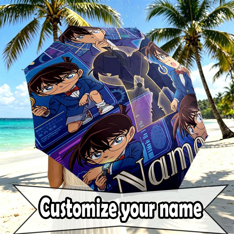 Custom Name Personalized Detective Conan Print Umbrella, Auto Open Close, 8‑Rib Sturdy Frame, Commute Camping Hiking Use, Birthday Gift