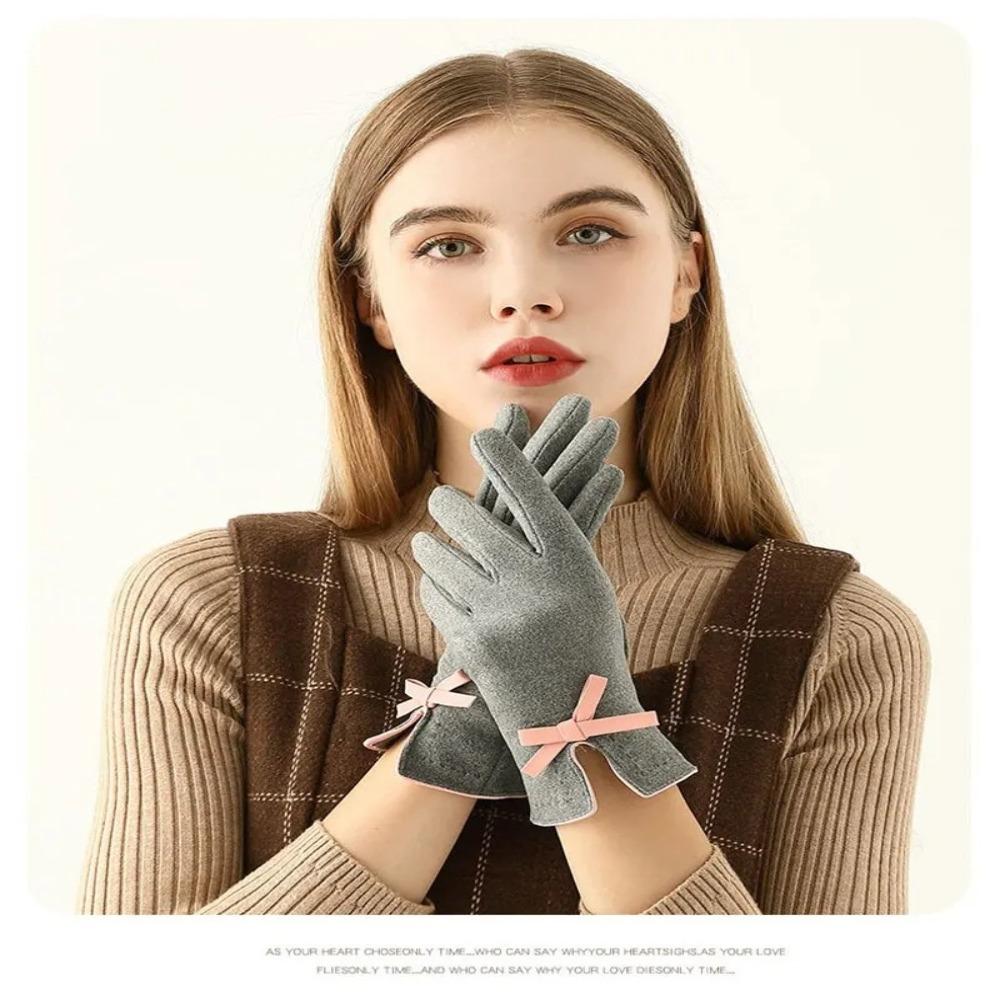 Bow Decoration Full Finger Mittens Fleece Winter Gloves Warm Women Gloves  Women