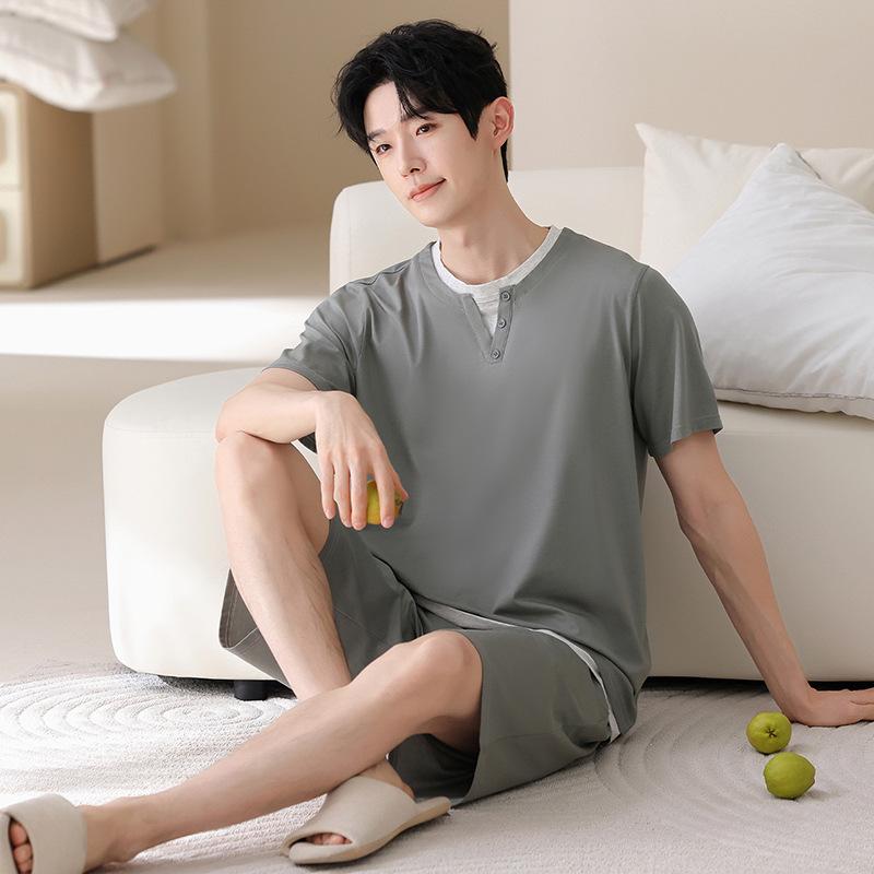 Lyocell cotton men's pajamas summer thin short-sleeved five-point pants suit casual teen men's loungewear can be worn outside