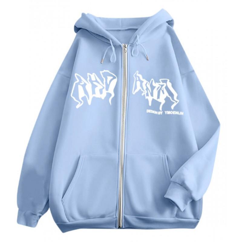 226 Gothic Print Zip Up Hoodie Unisex Women Casual Fall Winter Loose Fit