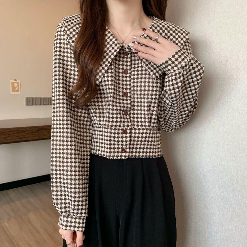 Houndstooth Doll Collar Shirt for Women Spring New Design Niche Shirt Long-sleeved Retro Short Top