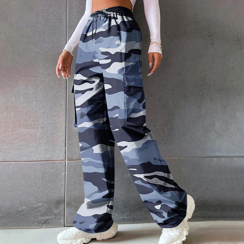 Women’s High-waisted, Wide-leg, Straight-cut, Loose-fitting, Elegant Commuter Trousers; Printed Camouflage Trousers; Casual Trousers