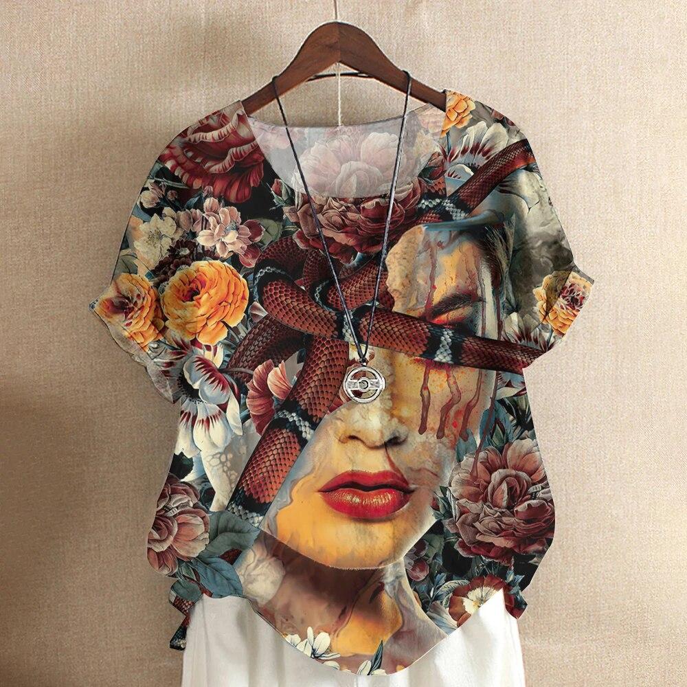 Kunst Ansikt Bluse Dame T-skjorte Mote Kortermet Tees Blomstertrykk Topper O-Hals Kule Jenter Klær Sommer Casual Genser