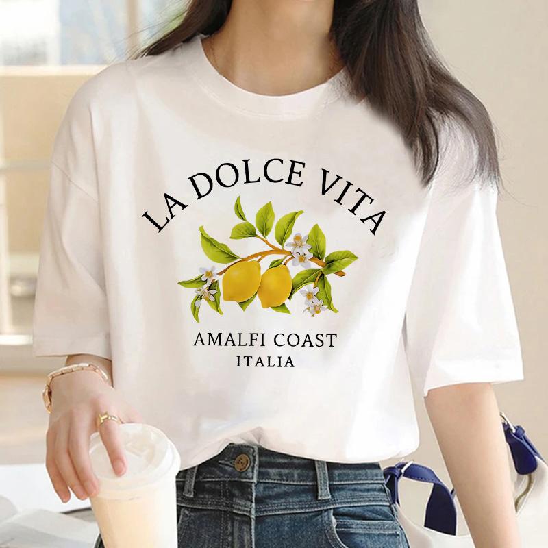 Casual 90s Amalfi Coast Lemon Print Short Sleeve Printed T Shirt Clothing Women's T-Shirt Clothing Women's Top Tee