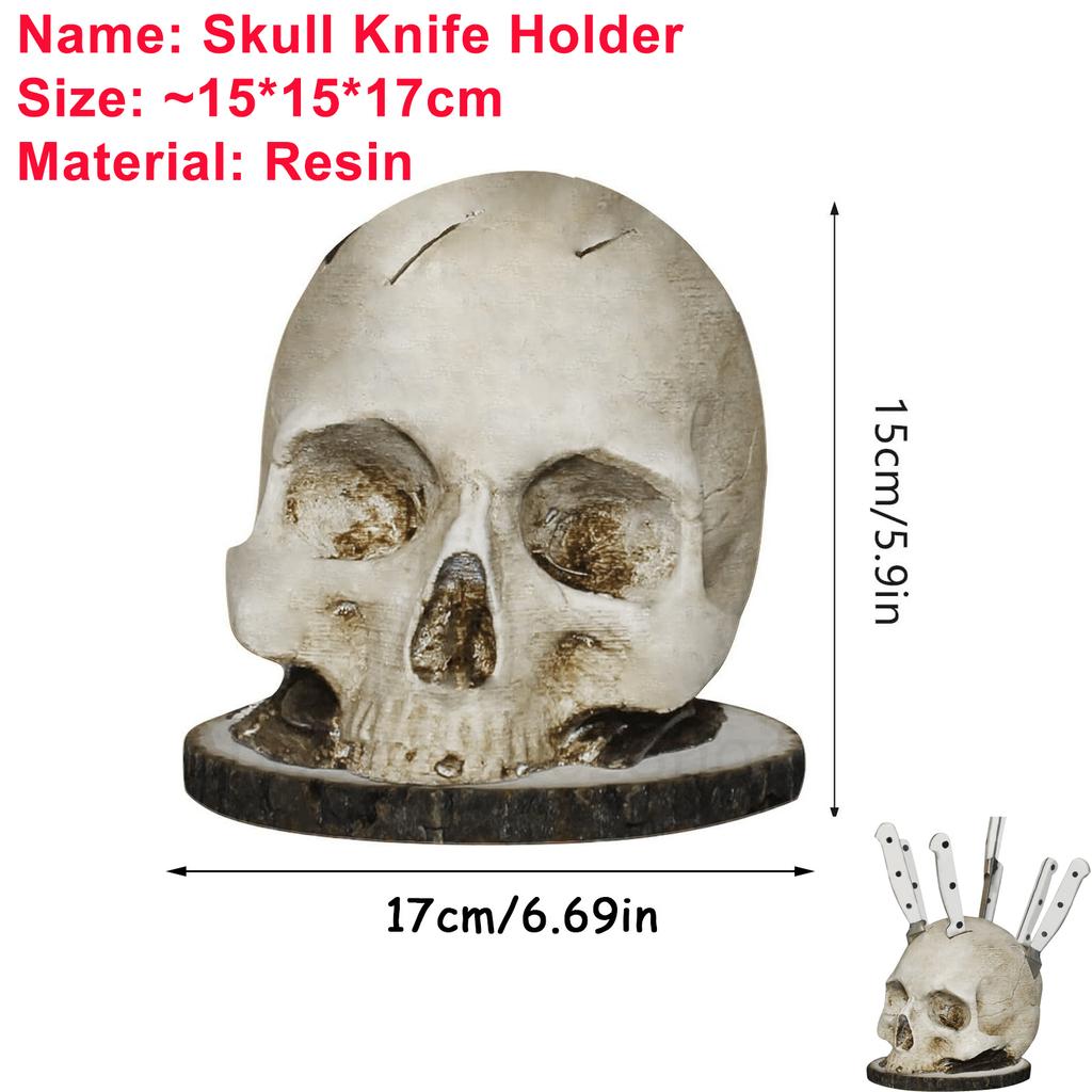 Skull Knife Holder Halloween Horror Kitchen Storage Head Rack Skeleton Knife and Fork Stand Desktop Ornaments Home Decoration