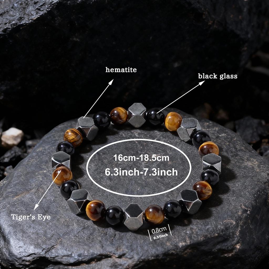 Festive Gifts Tiger Eye Black Onyx And Hematite Hexagonal Beaded Bracelet Bold Fashion Jewelry For Men Daily Wear Simple Versatile Accessory