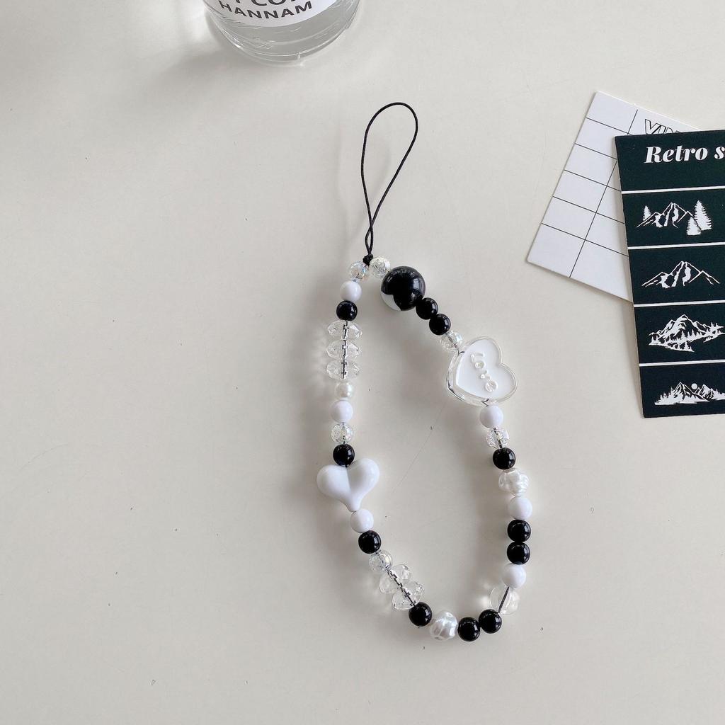 Mobile Phone Chain White Pearl Bow Ins Simple Wind Square Pendant Love Striped Bead Accessories, Mobile Phone Lanyard