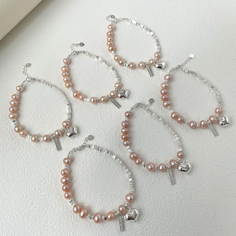 Pink Freshwater Pearl Broken Silver Beaded Bracelets 925 Sterling Silver Charm Heart Shape Women Bracelets Fine Jewelry