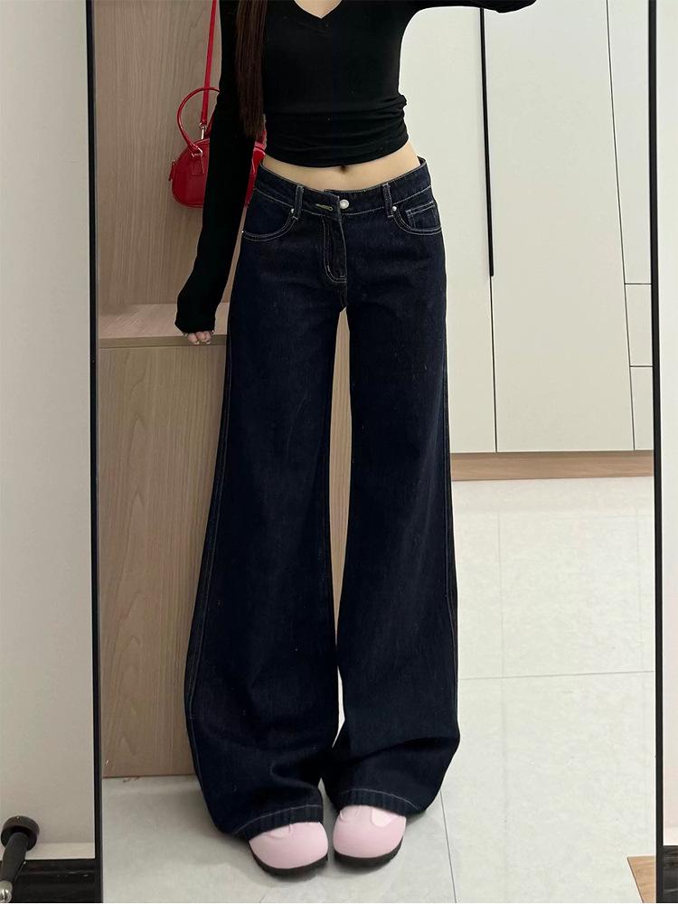 Women's Retro Dark Wash Low Waist Micro Flare Jeans - Autumn 2025 Collection, Loose Fit, Drapey, Floor-Length.