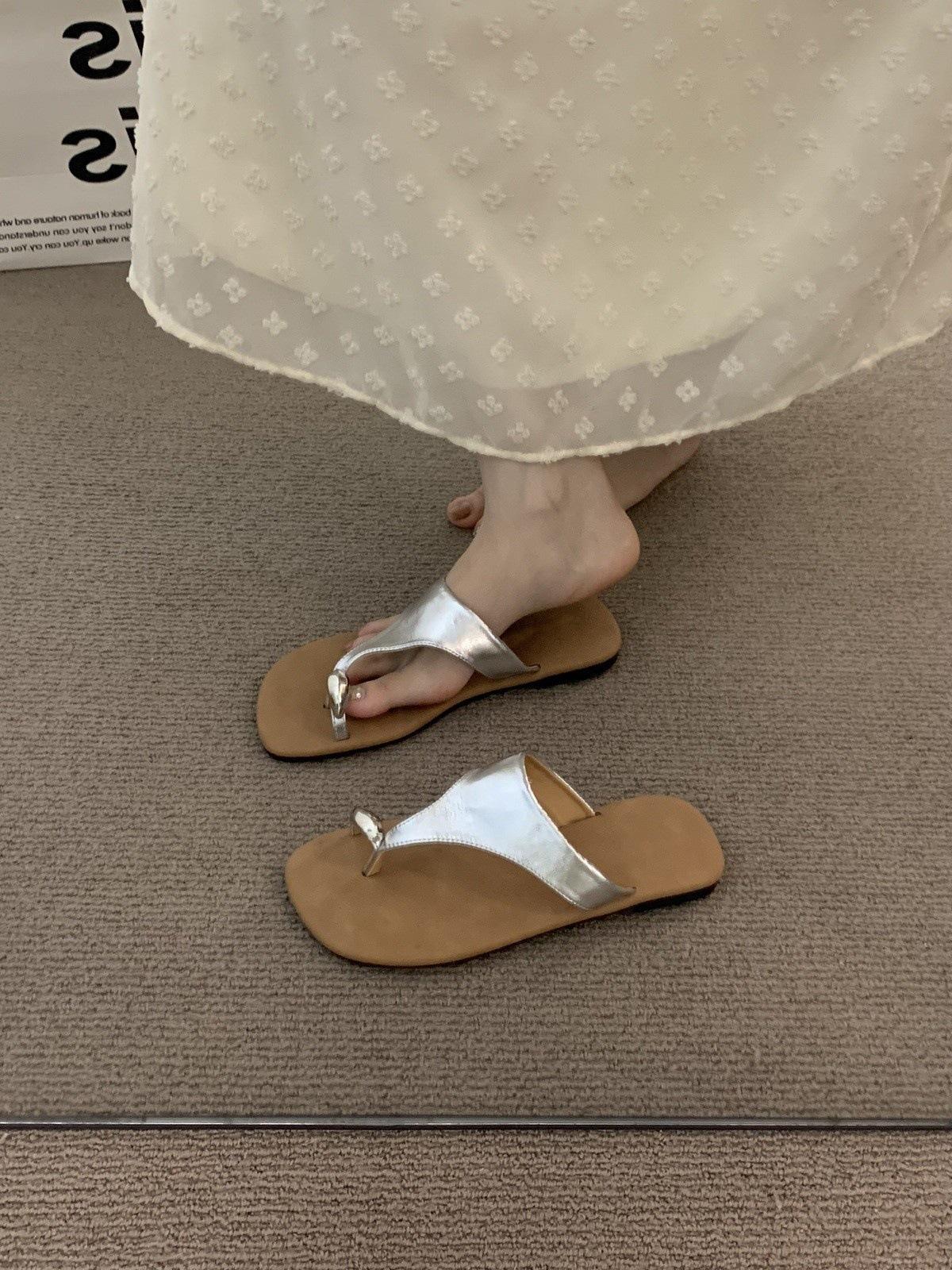 

Retro vacation style toe black sandals fairy shoes summer with skirt cool slippers 35 серебряный