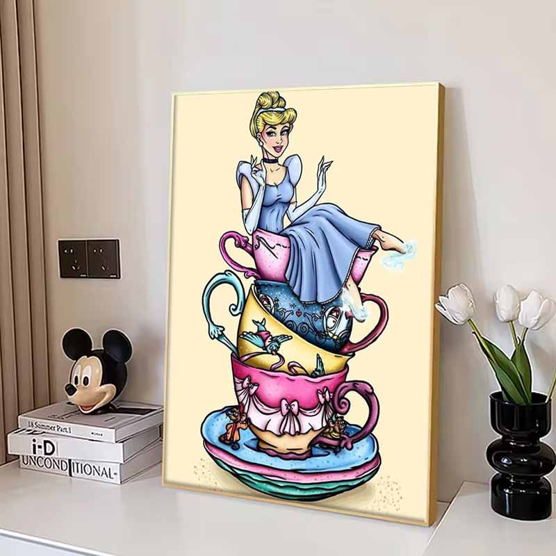 Disney Diamond Painting Cinderella Teacup Stacking Creative Illustration Cartoon Diamond Painting Full Diamond Cross-Stitch DIY Gift Home Decoration
