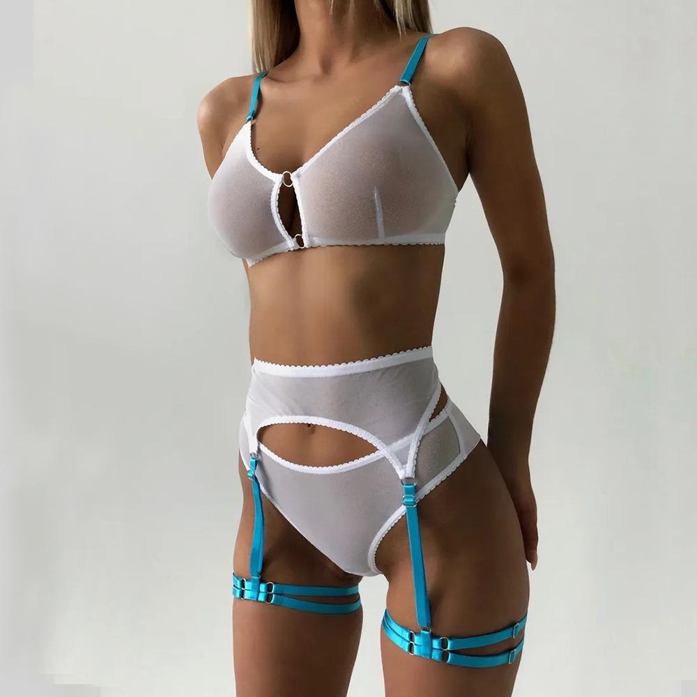 Women Transparent Erotic Sexy Costumes Solid Color Underwear Seamless Bra Thong Garters Sexy Lingerie