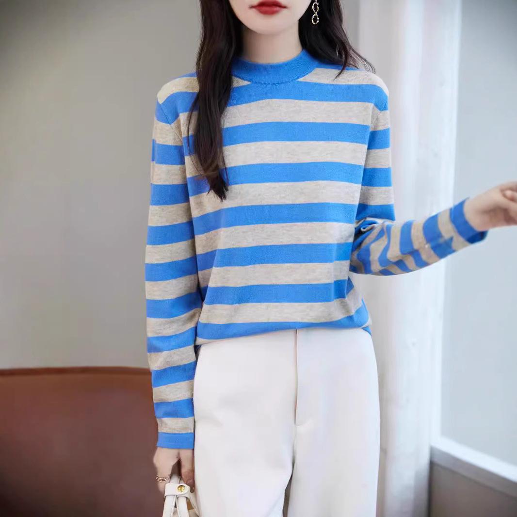 

Полосатый женский осенне-зимний свободный полувысокий воротничок-пуловер с эффектом старения и внутренней отделкой из трикотажа XXL ярко-синий