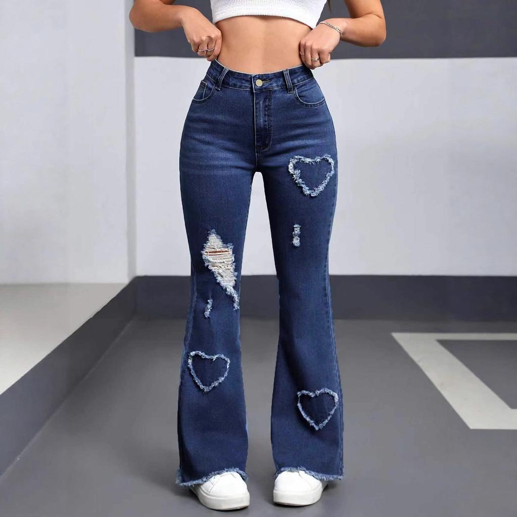 Denim Flared Bukser Dame Hull Jeans Boot Cut Slitt Streetwear Høy Midje Stretch Vasket Vintage Full Lengde Bukser