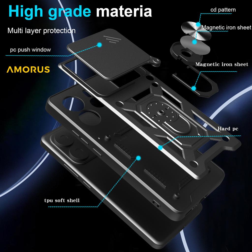 AMORUS For Xiaomi Redmi Note 14 5G Case Kickstand PC+TPU Phone Cover with Camera Lens Slider