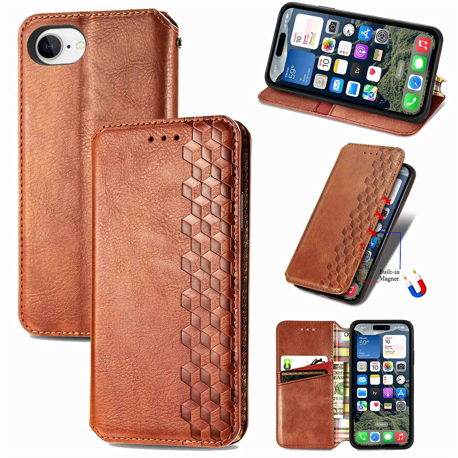 

For iPhone 16e Case Rhombus Imprint PU Leather Wallet Phone Cover Brown