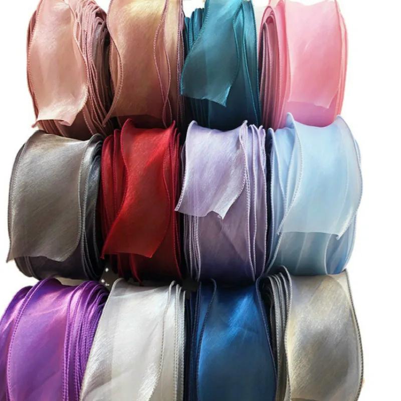 35Meters Wavy Organza Ribbon Silky DIY Hair Bow Making Material Accessories Wide Colorful Gradient Satin Lace Wave Hemming Tape