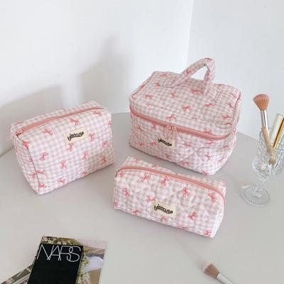 Koreanischer Stil Cremefarbene Karomuster Make-up-Tasche mit Schleife - Hochwertige Handtasche zur Aufbewahrung von Wasch- und Hautpflegeprodukten