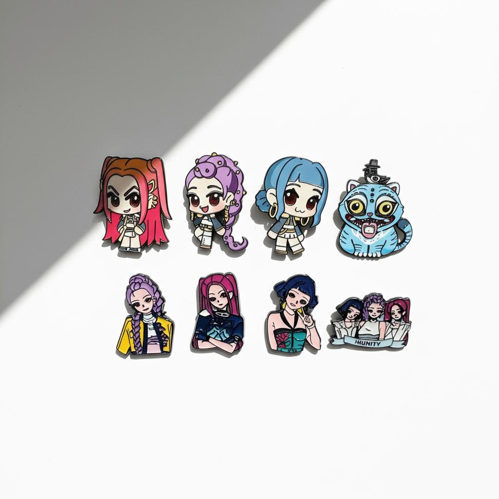 4 Stück KPOP Dämonenjäger Emaille-Anstecker Saja Boys Jinu Elster Cartoon-Charakter Metall-Broschen Abzeichen Schmuck Geschenke für Anime-Fans