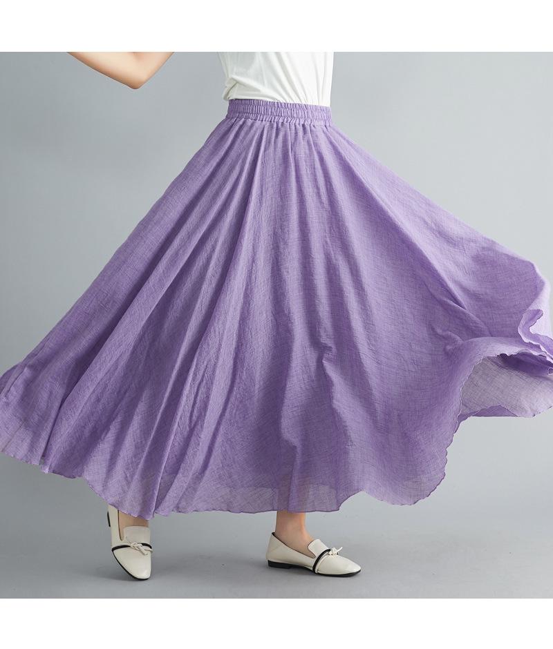 38-Color Plus Size Japanese Cotton Linen A-Line Midi Skirt with Elastic Waist