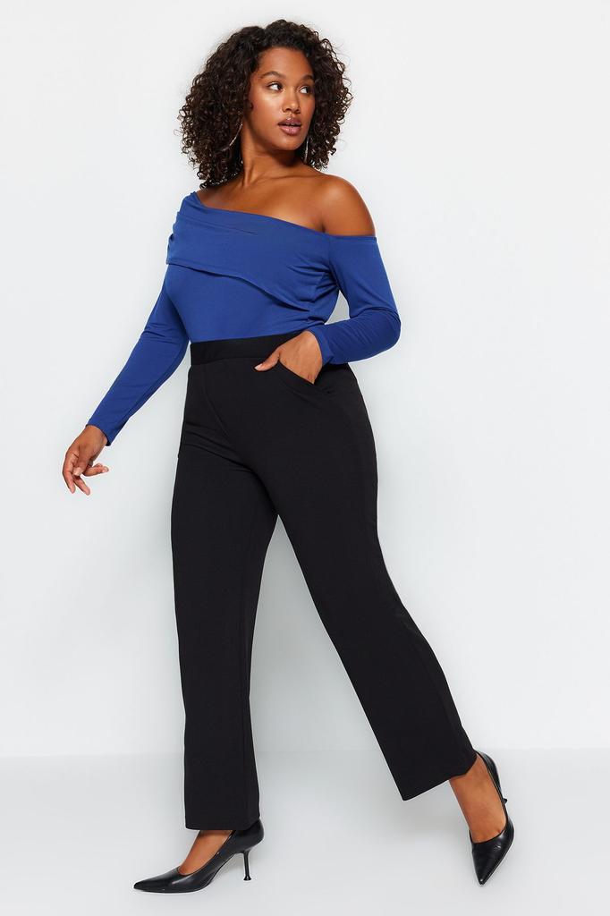 Women's Style Plus Size Black High Waist Crepe Knitted Trousers