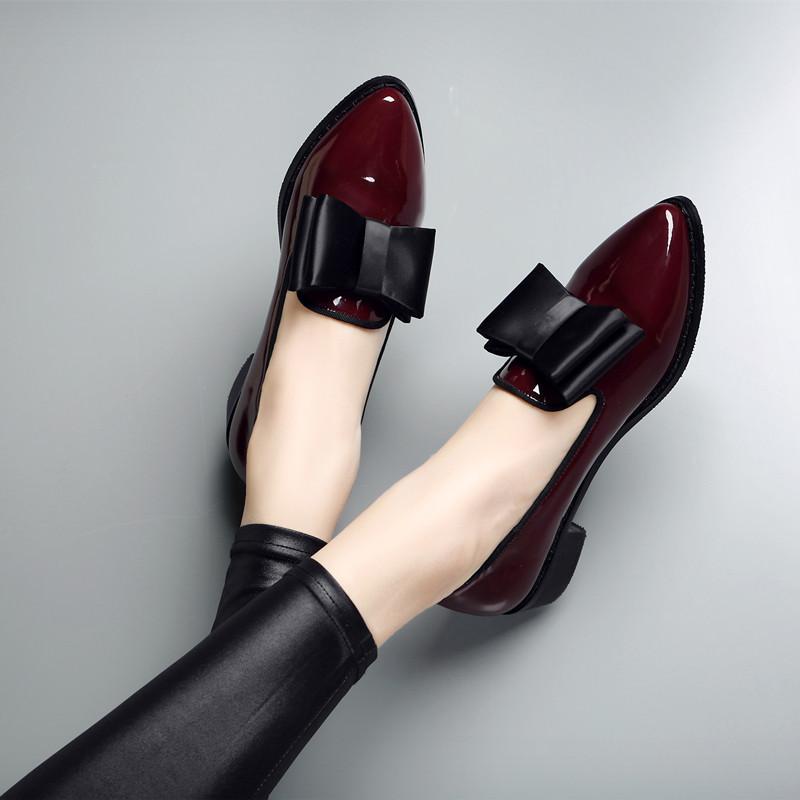 New Women Loafers Bowknot Decorated Flat Shoes Pointed Toe Women Casual Casual Patent Leather Peep Toe Shoes