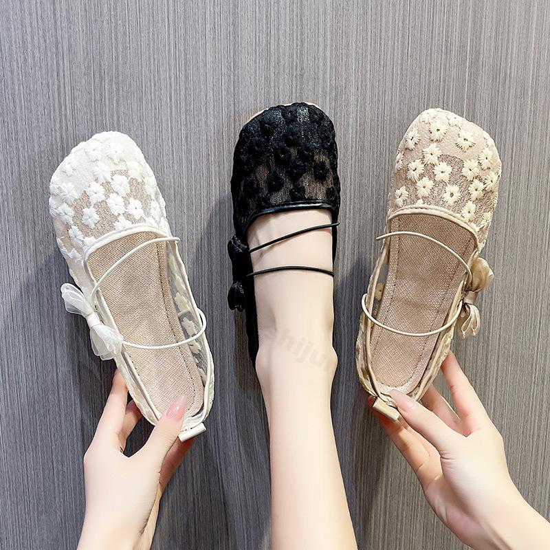 Fashion Women's Flats Shoes 2025 New Summer Lace Embroidered Mesh Shoes Mary Jane Breathable Comfortable Ladies Outdoor Leisure Shoes