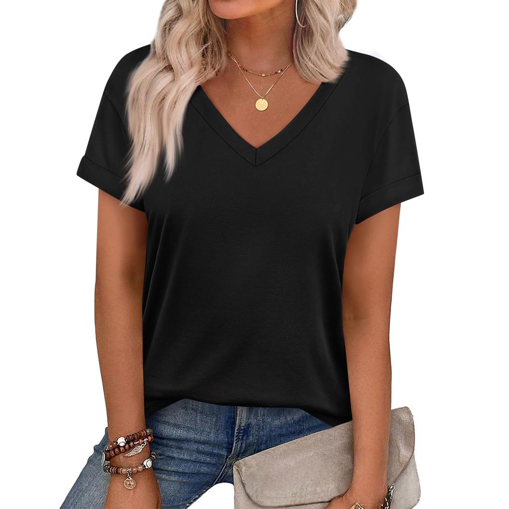 Women's Casual V Neck Short Sleeve Top Relaxed Fit Lightweight Soft Fabric Comfortable Daily Wear Summer Spring Blouse