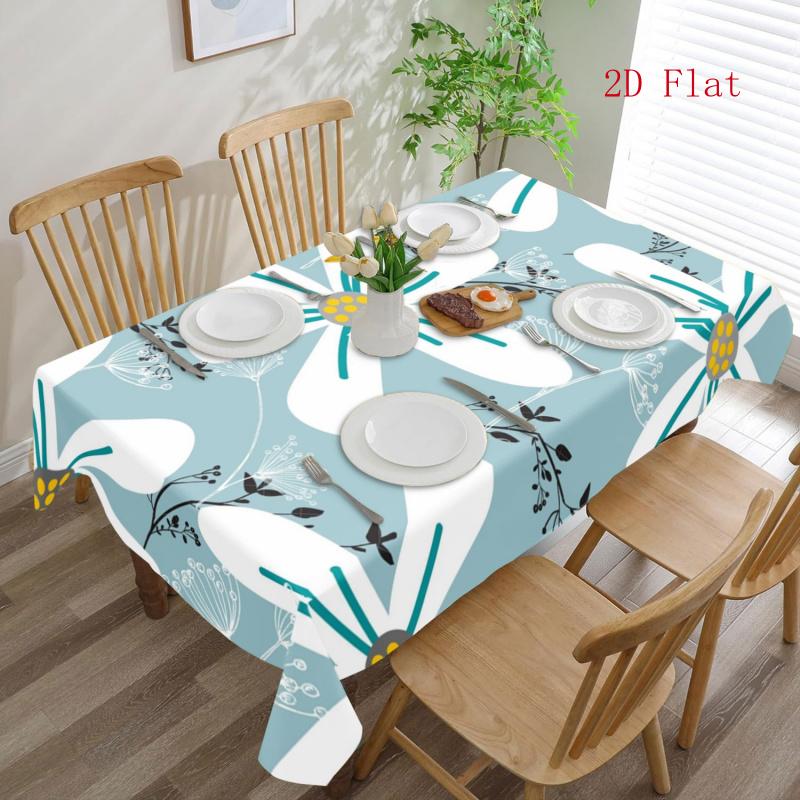 2D Flat 1pc Rectangular Blue Garden Floral Tablecloth, Polyester Rectangular Tablecloth - Fresh Blue, White, Yellow, And Black Gourd Pattern Design, P