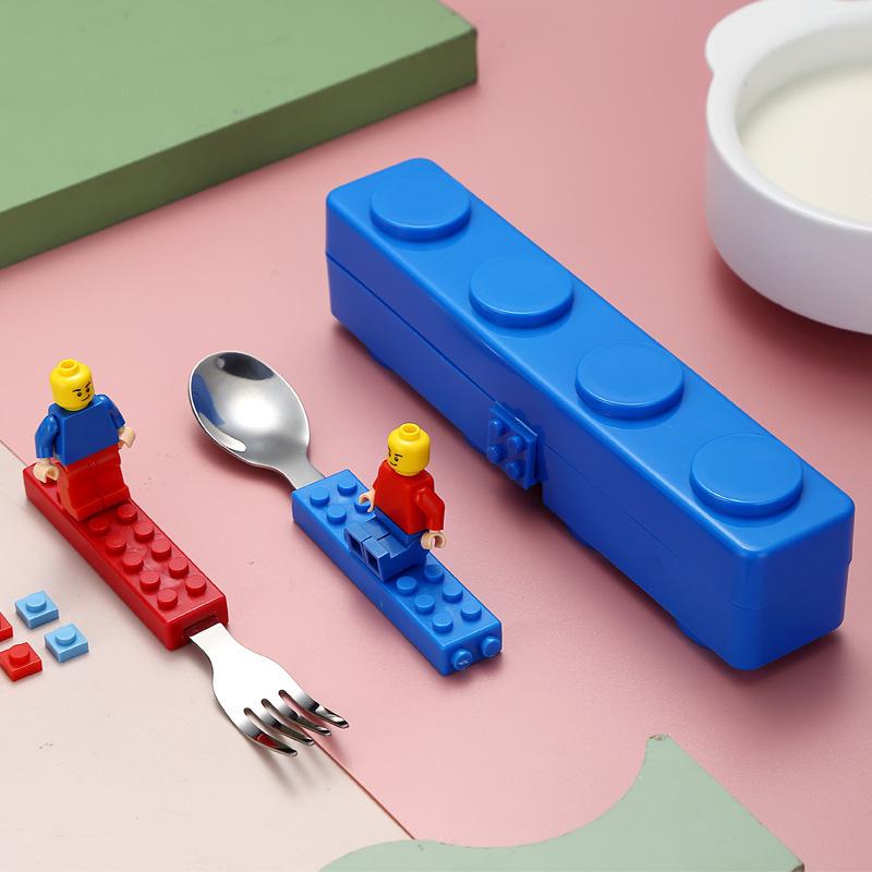 Children's Portable 304 Stainless Steel Tableware Set: Cartoon Building Block Lunch Box with Spoon & Fork.