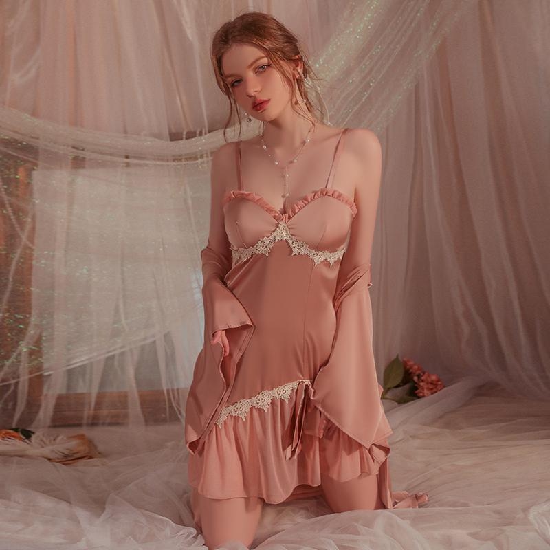 Women's Pajama Robe Set Summer Satin Lace V-Neck Dress with Padded Jacket Solid Color Robe