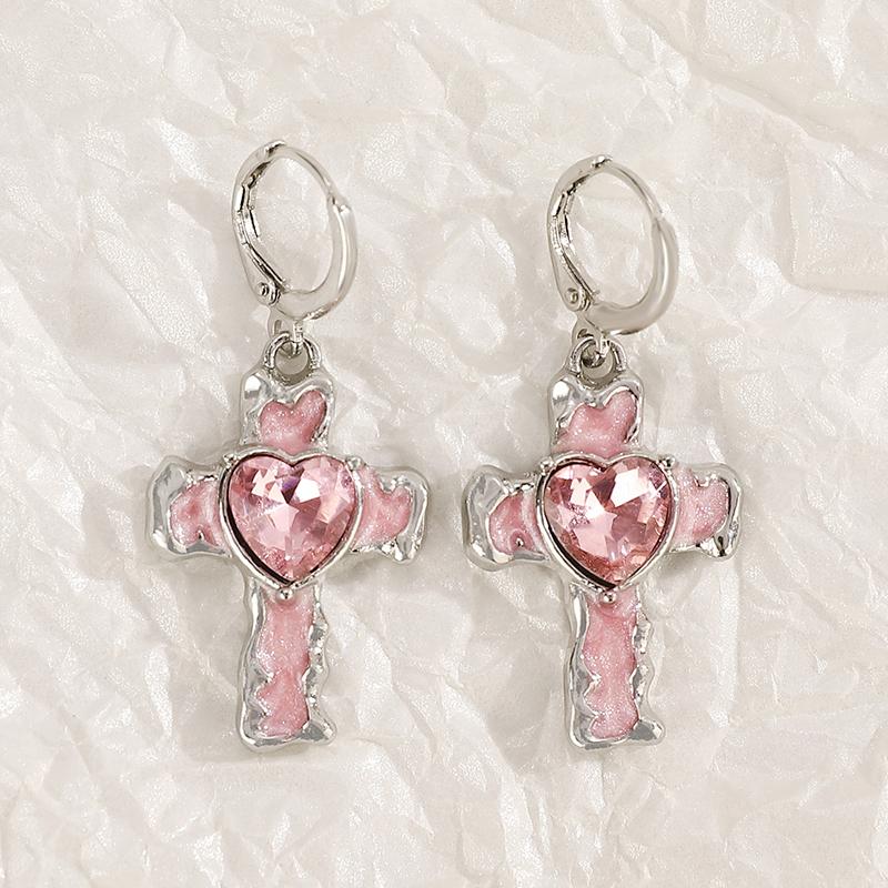 Vintage Gothic Black Heart Shaped Kitten Inlaid With Pink Zircon Earrings Creative Cool Cross Heart Shaped Sweet Jewelry Gift