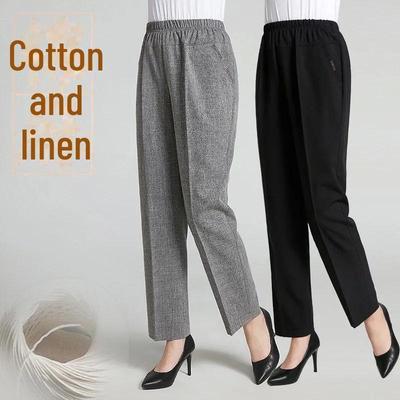 Pantaloni estivi in lino con elastico in vita da donna - Stile casual per mamme di mezza età e anziane