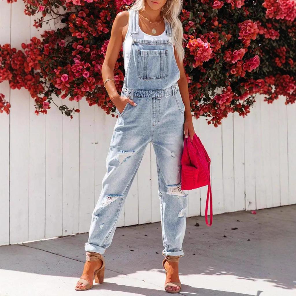 Tuta di jeans strappata da donna azzurro chiaro
