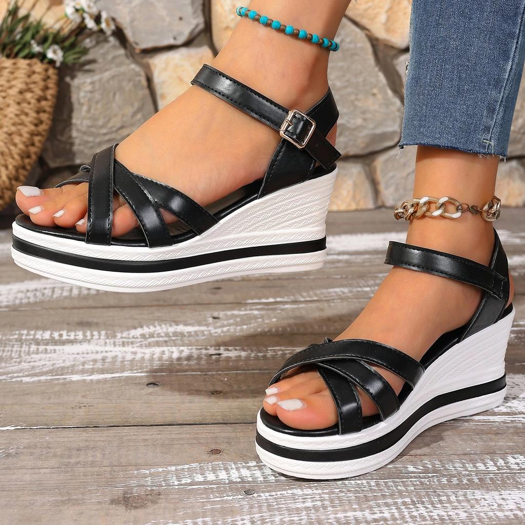Fashion 2025 Buckle Strap Women's Sandals Open Toe Wedge Heel Fashion Platform Summer Casual Sandals Comfortable Plus Size Shoes Ladies